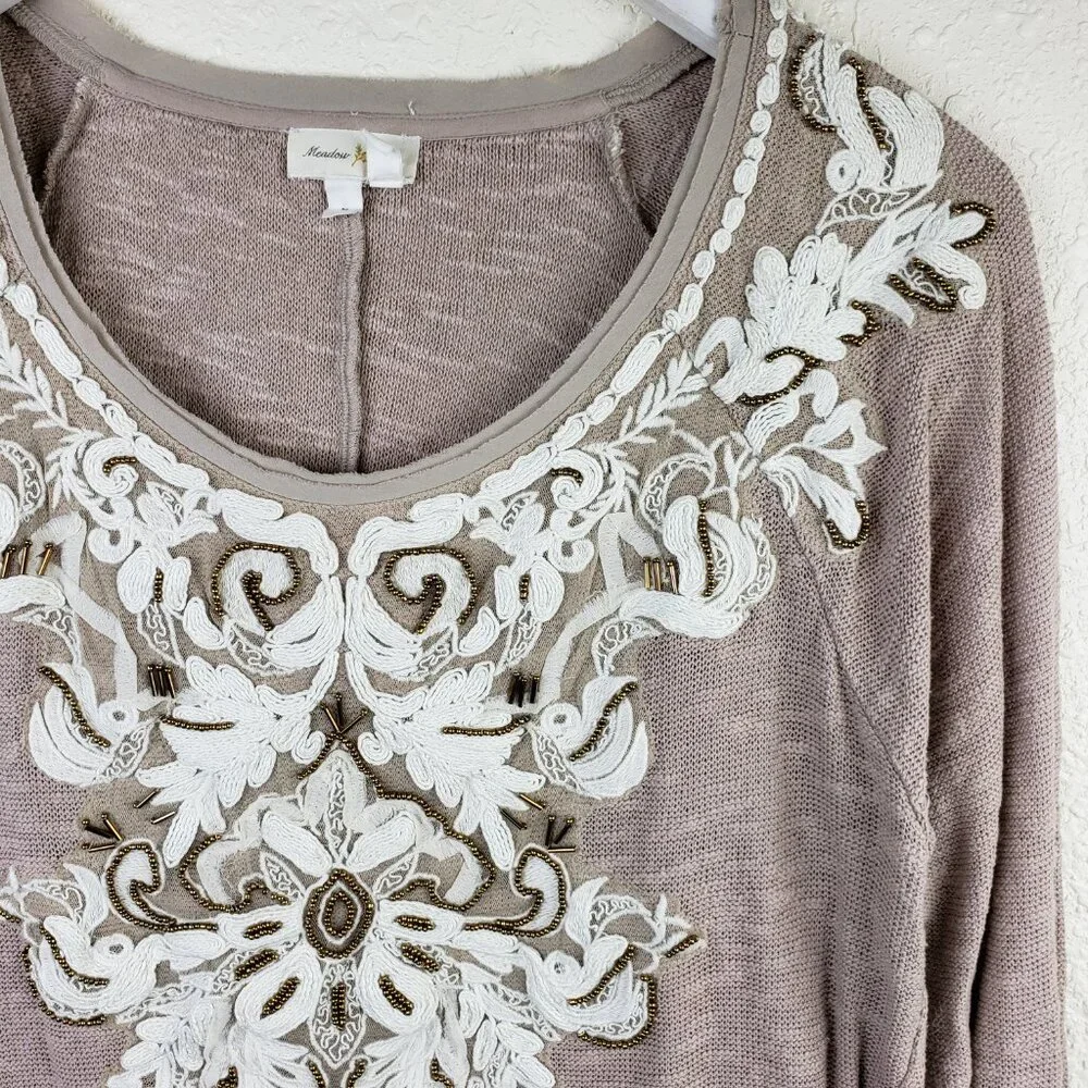 Anthropologie Meadow Rue Top Long Sleeve Boho Victorian Embroidered Beaded sz M